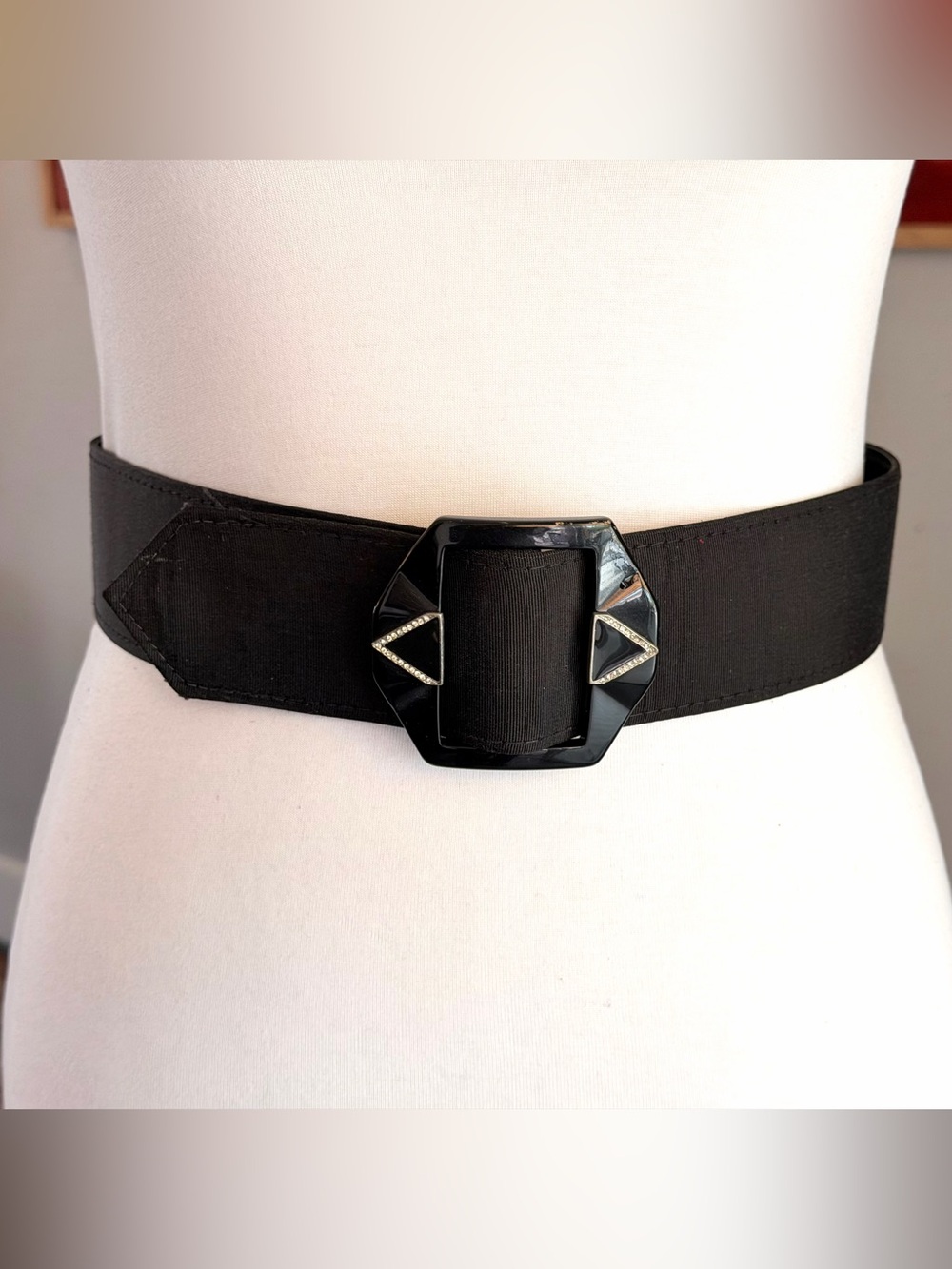 Vintage Wide Black Waist Belt with Art Deco Buckle